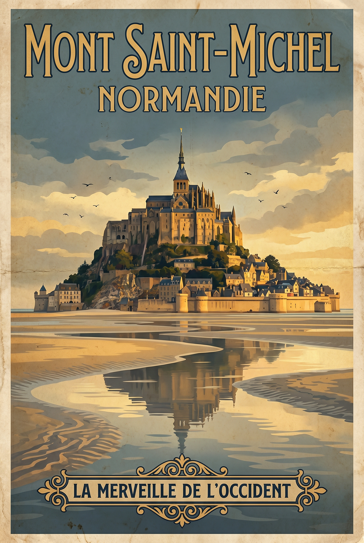Mont Saint-Michel France Vintage Travel Poster | Normandy Abbey Art Print