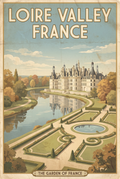 Loire Valley France vintage travel poster with white château and formal gardens