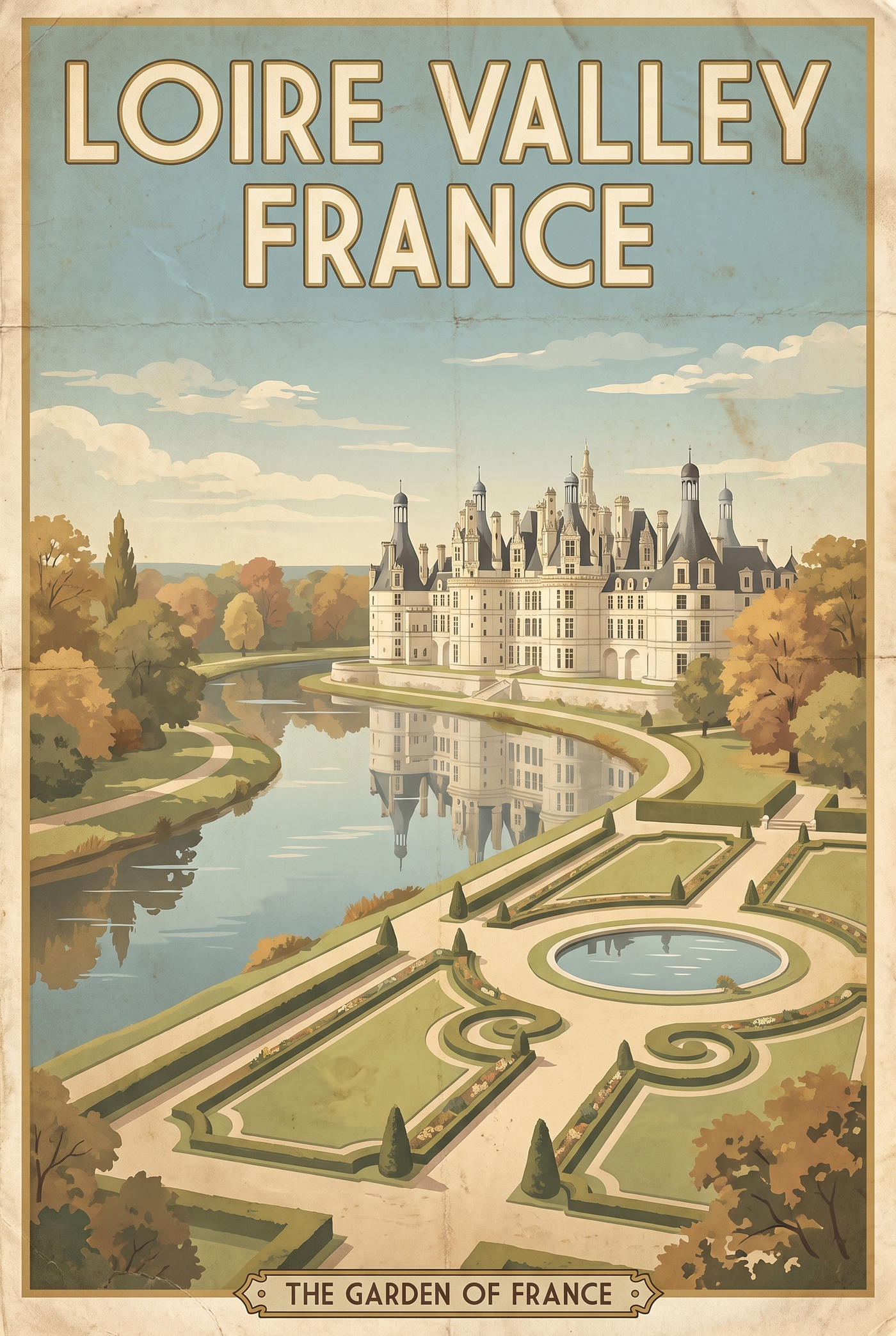Loire Valley France Vintage Travel Poster | Château Gardens Art Print