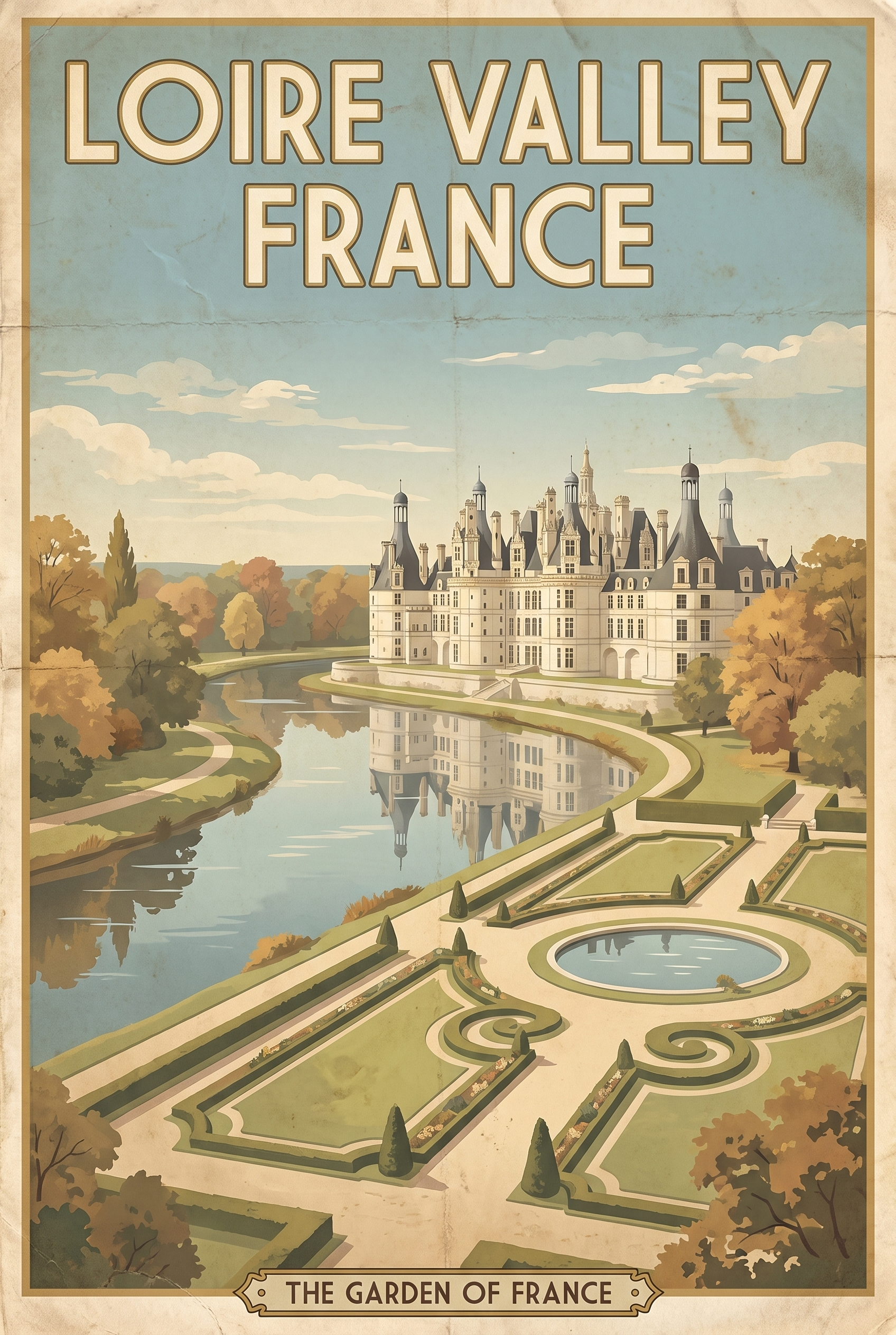Loire Valley France vintage travel poster with white château and formal gardens
