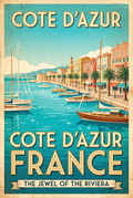 Côte d'Azur France vintage travel poster with Riviera harbor, sailboats and palm-lined promenade