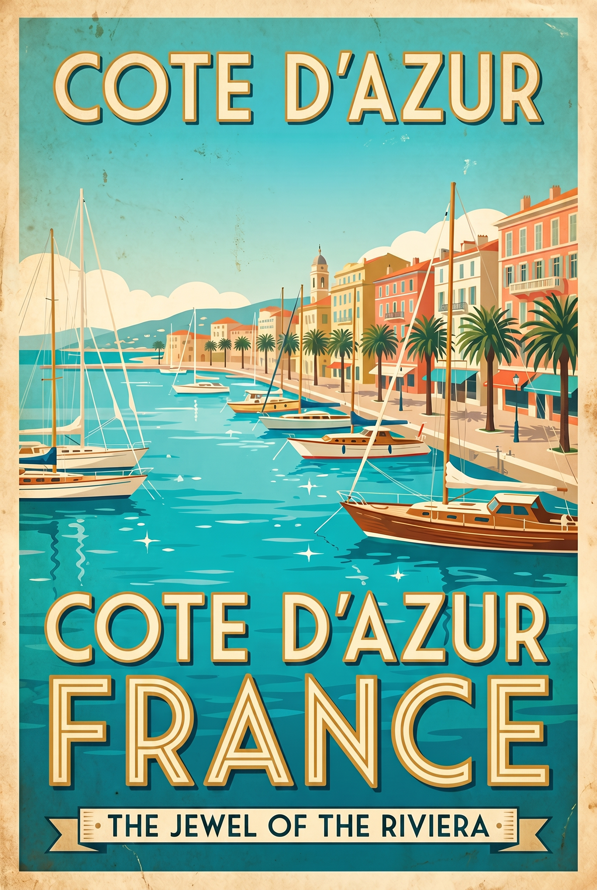 Côte d'Azur France Vintage Travel Poster | French Riviera Harbor Art Print