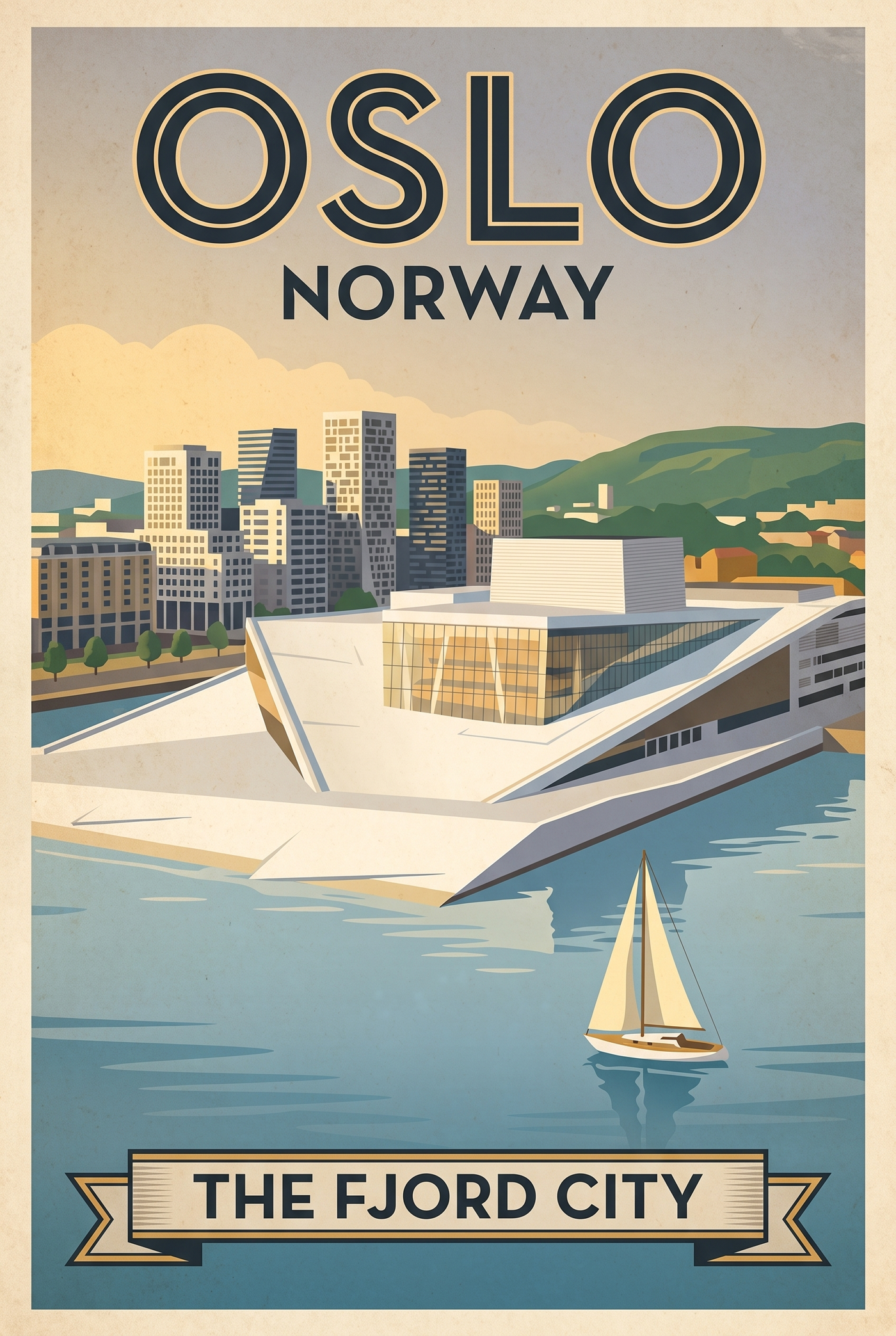 Oslo Norway Vintage Travel Poster | Opera House Fjord Art Print