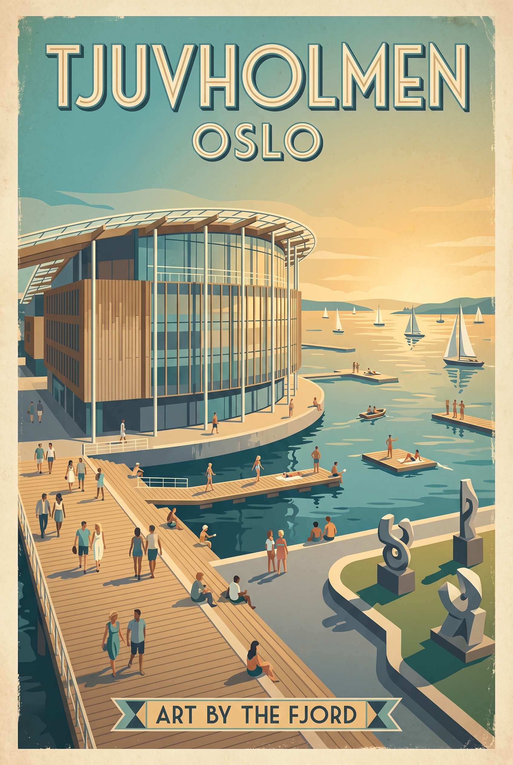 Tjuvholmen Oslo vintage travel poster with waterfront art district and fjord