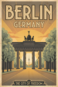 Berlin Germany vintage travel poster with Brandenburg Gate at dusk
