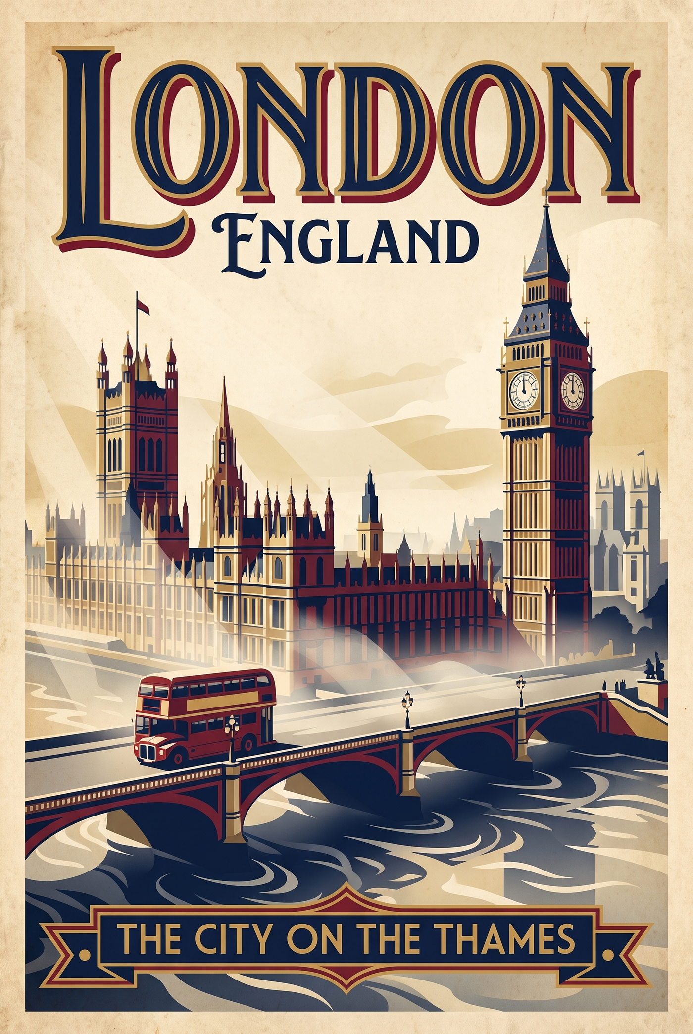 London England Vintage Travel Poster | Big Ben Thames Art Print
