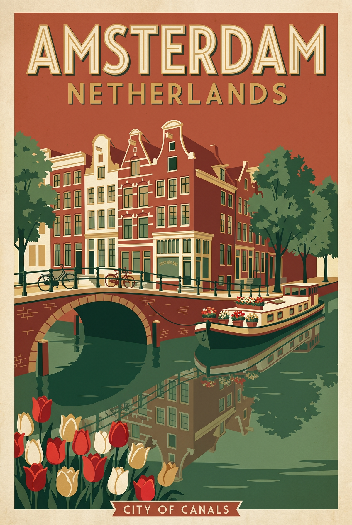 Amsterdam Netherlands Vintage Travel Poster | Canal Houses Art Print