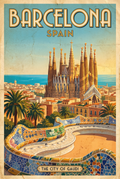 Barcelona Spain vintage travel poster with Sagrada Família and Park Güell