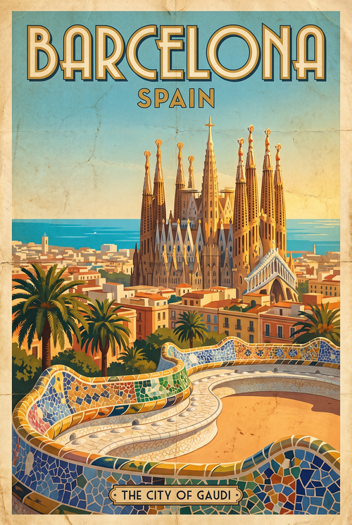 Barcelona Spain vintage travel poster with Sagrada Família and Park Güell
