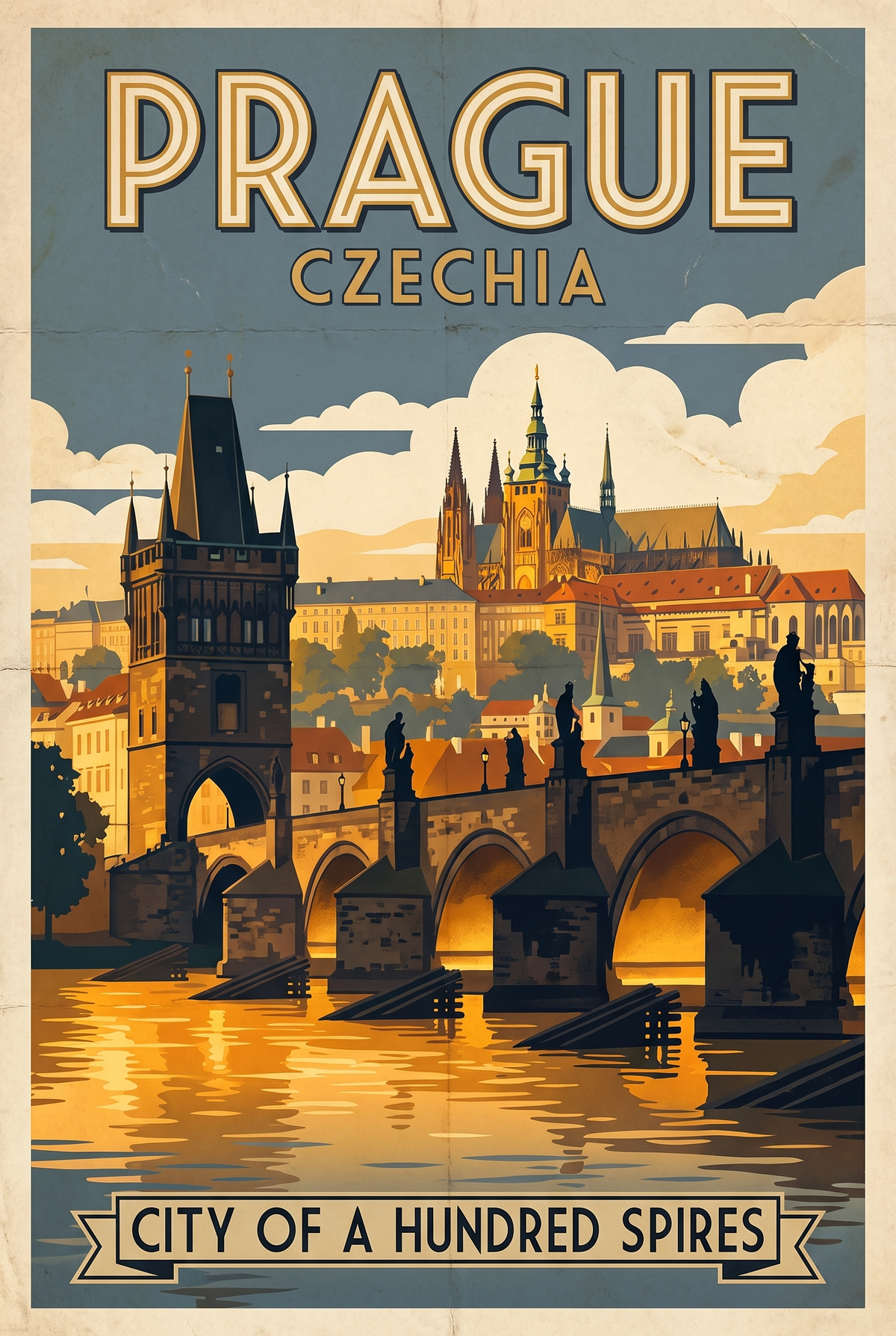 Prague Czechia Vintage Travel Poster | Charles Bridge Art Print