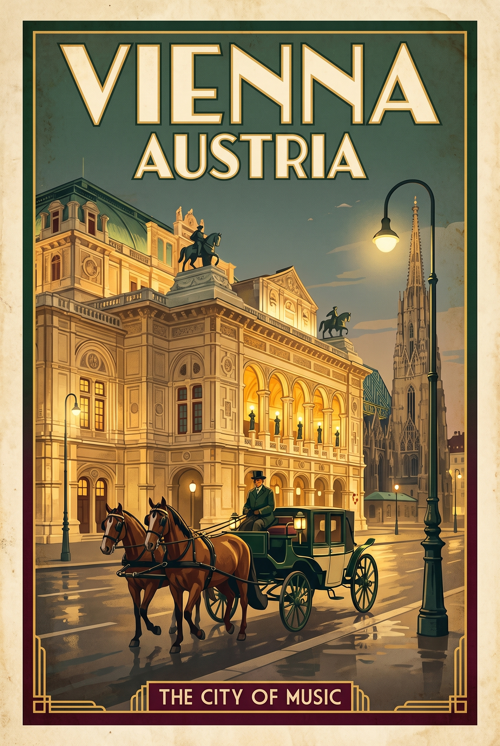 Vienna Austria vintage travel poster with the State Opera and fiaker carriage