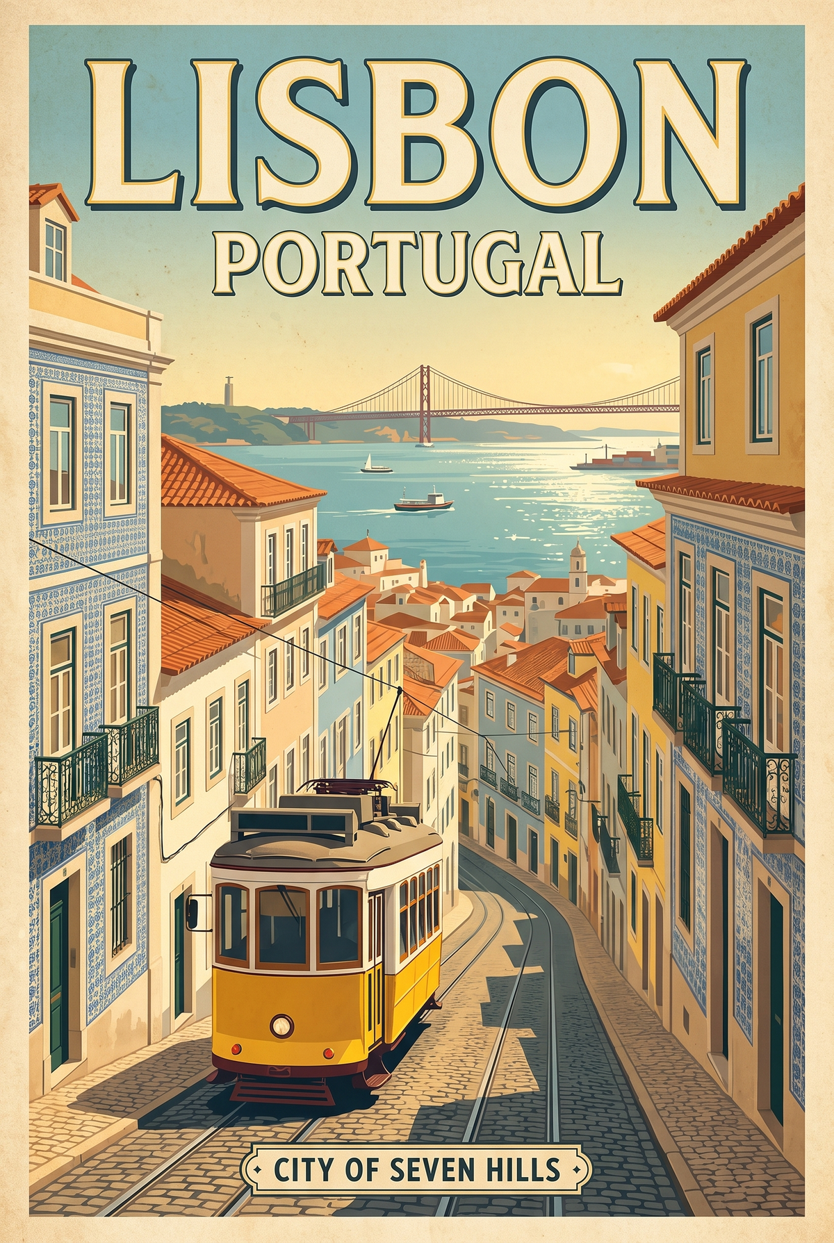 Lisbon Portugal Vintage Travel Poster | Yellow Tram Alfama Art Print