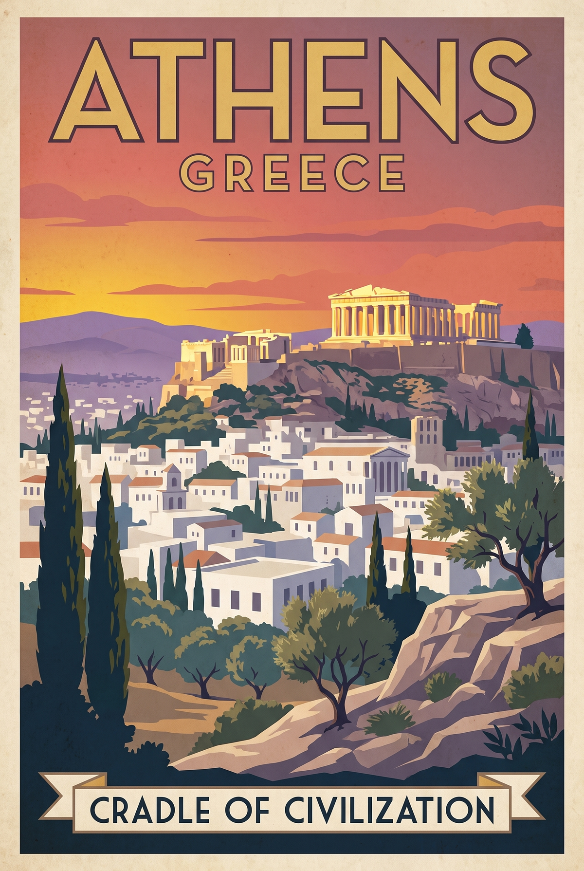 Athens Greece Vintage Travel Poster | Acropolis Art Print