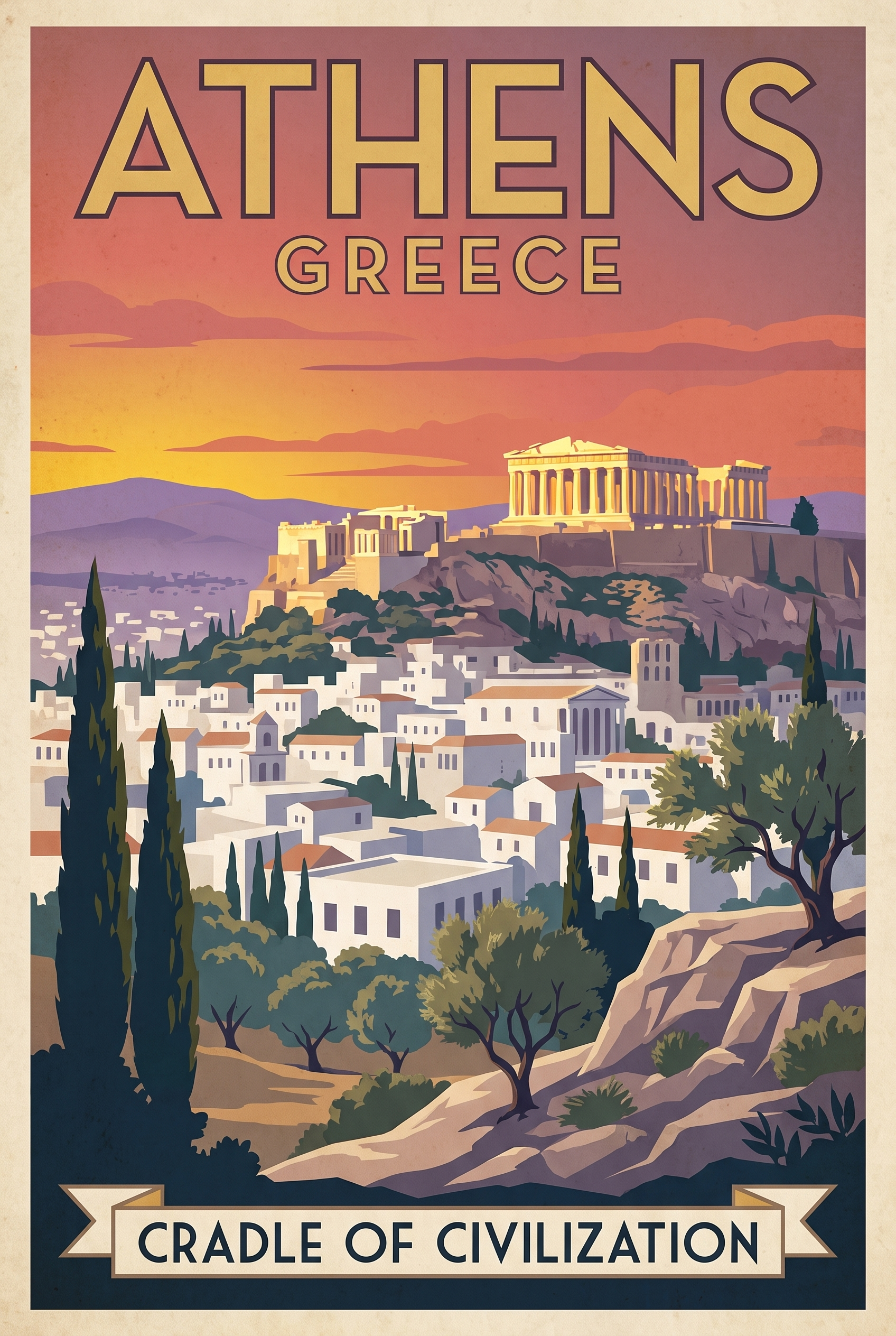 Athens Greece vintage travel poster with the Acropolis at sunset