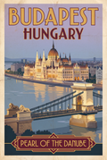 Budapest Hungary vintage travel poster with Parliament on the Danube