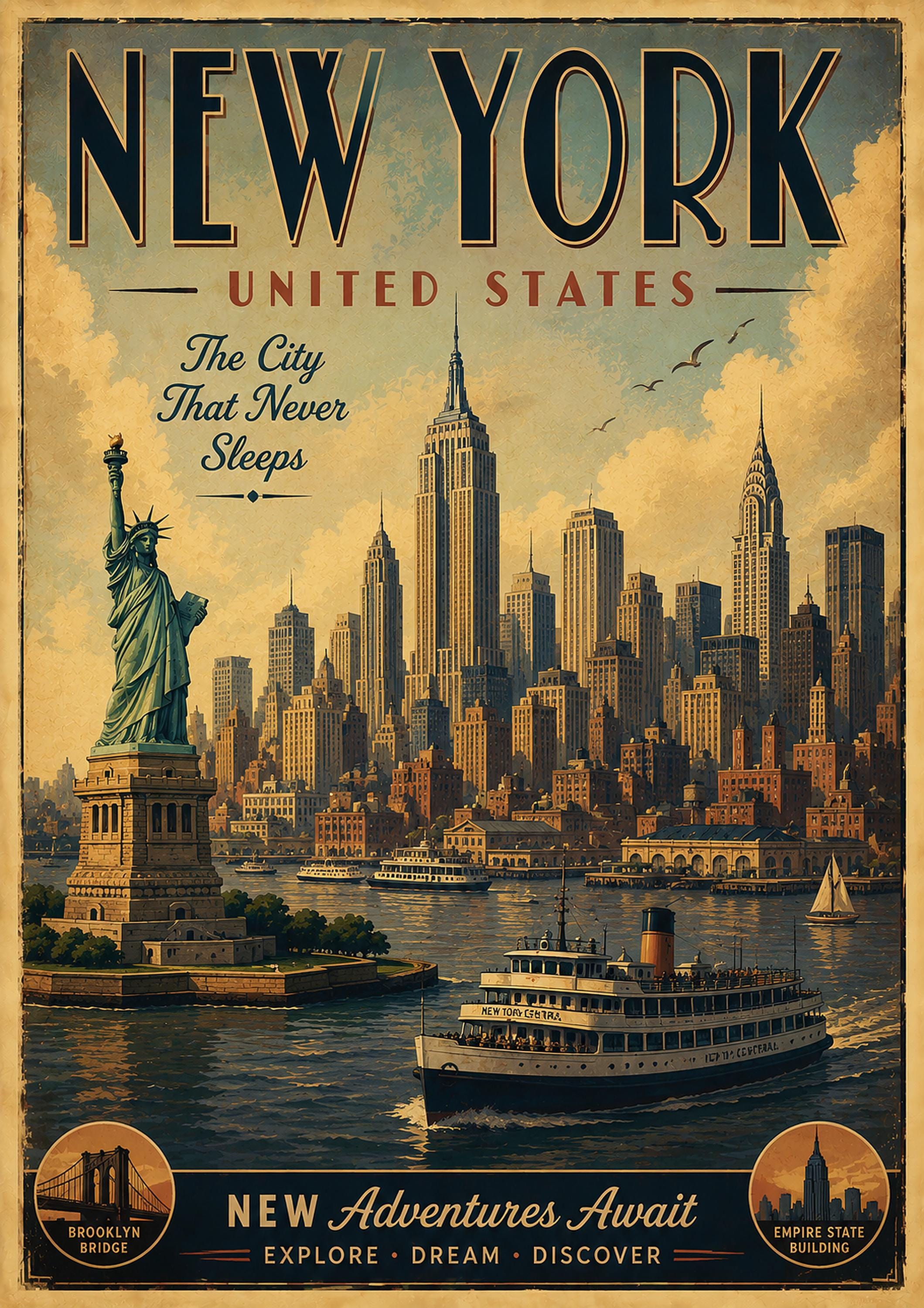 Vintage New York City travel poster with Statue of Liberty