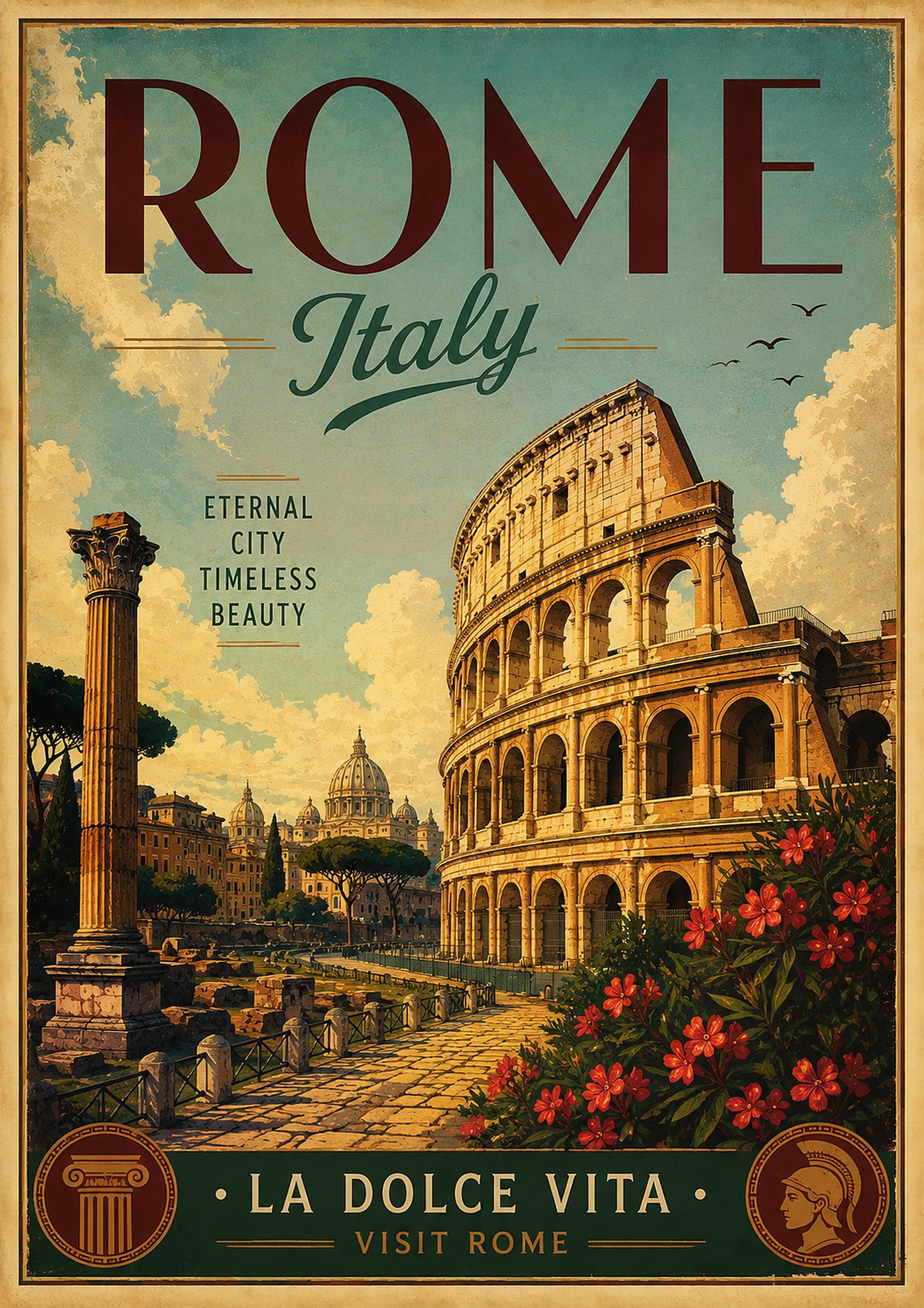 Vintage Rome Italy travel poster with Colosseum