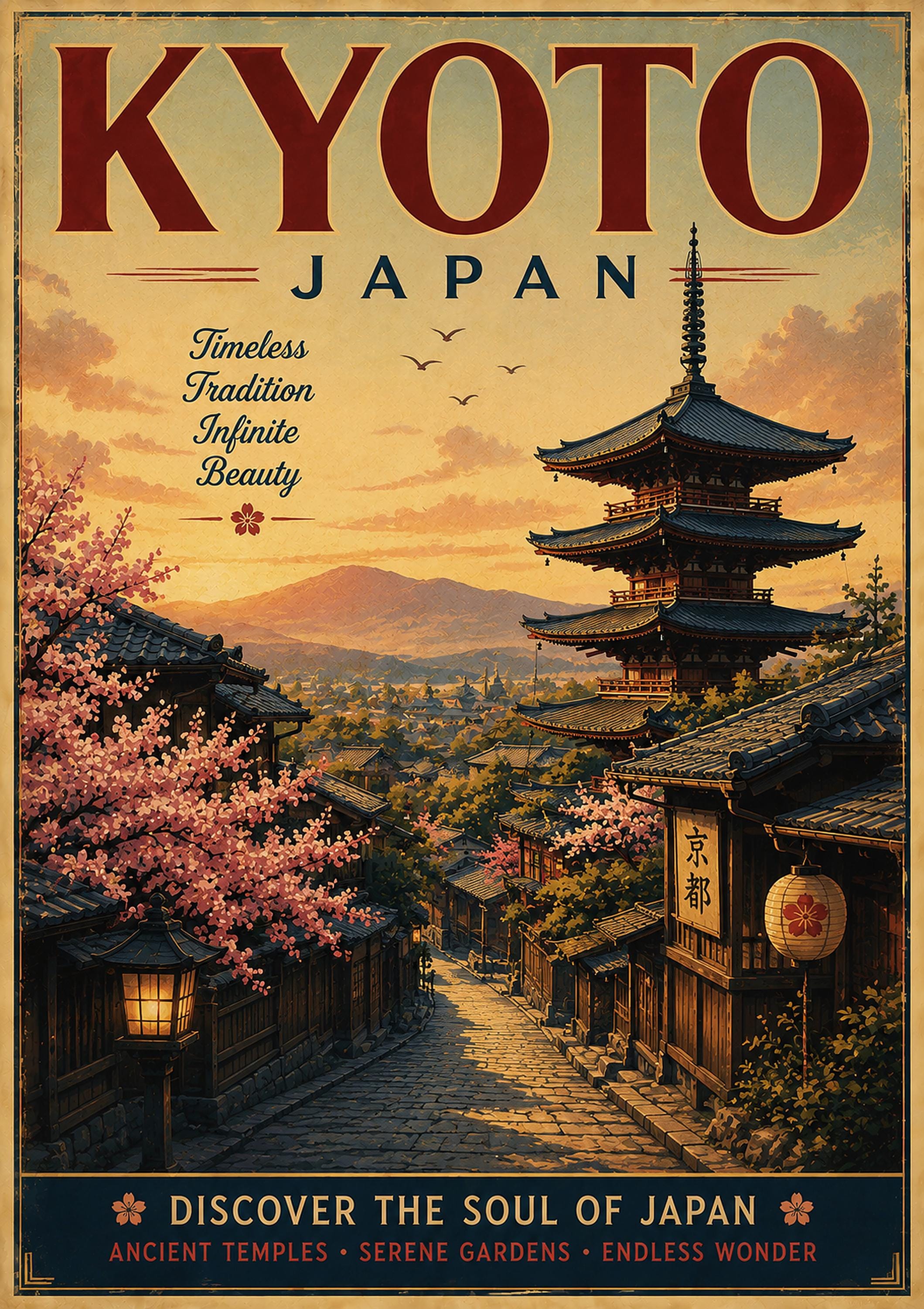 Vintage Kyoto Japan travel poster with pagoda