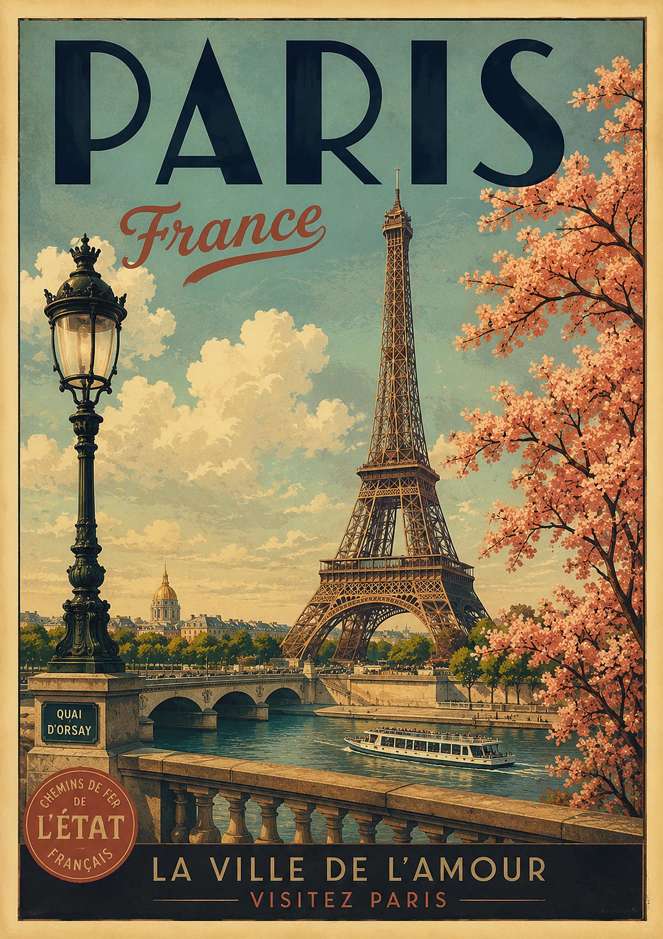 Vintage Paris France travel poster with Eiffel Tower