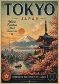 Vintage Tokyo Japan travel poster with Mount Fuji
