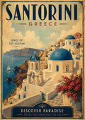 Vintage Santorini Greece travel poster with blue domes