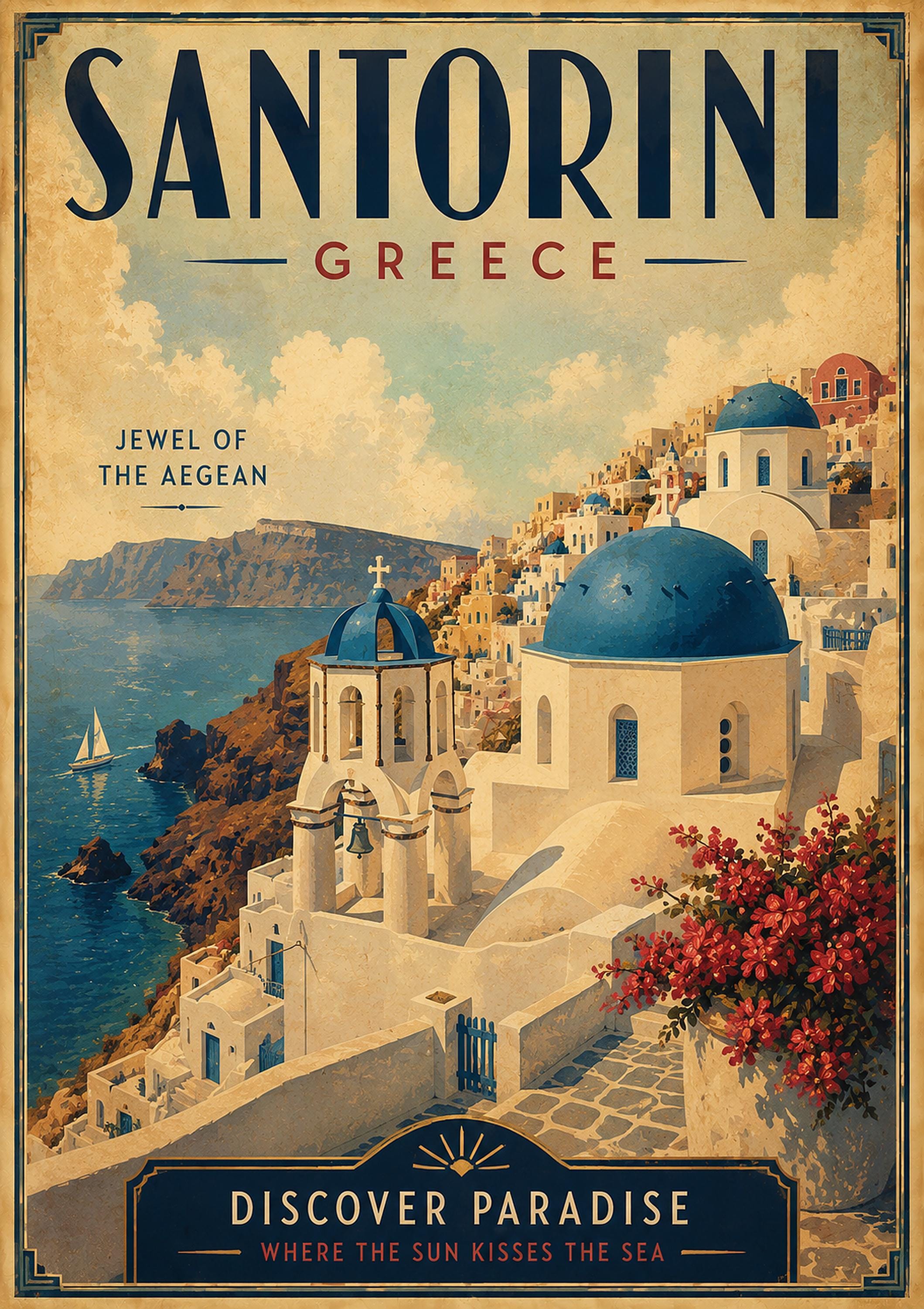 Vintage Santorini Greece travel poster with blue domes