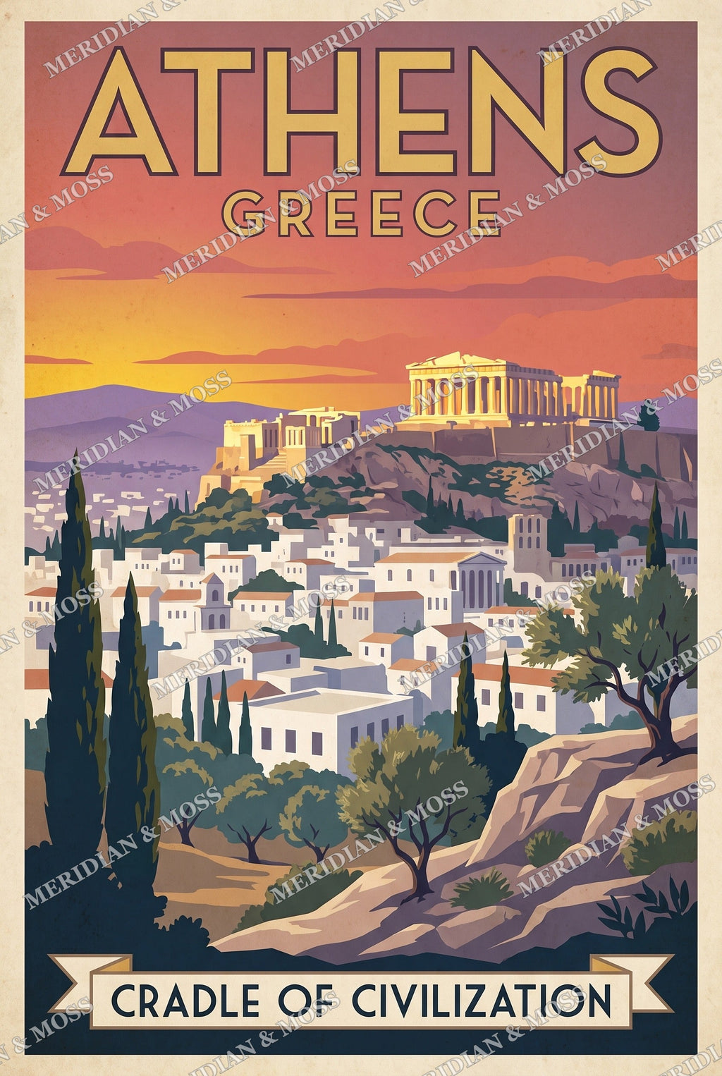 Athens Greece vintage travel poster art print